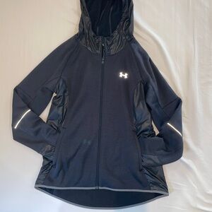 Under Armour Cold Gear Sz L Black Hoodie Full Zip Loose Thumb Holes Activewear